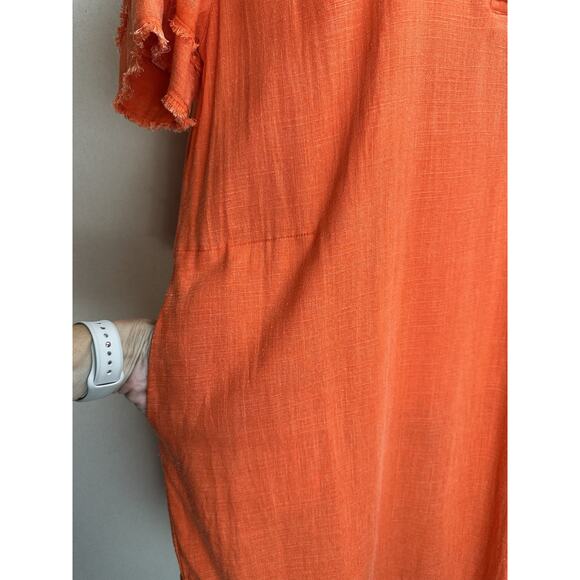 Umgee Anthropology Tunic Dress L Linen Blend V-Neck Short Sleeve Raw Frayed Hem - Picture 4 of 16